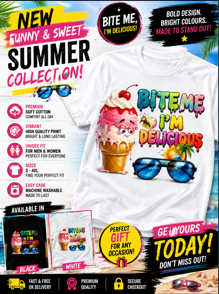 Bite Me I’m Delicious Funny Ice Cream T-Shirt | Colourful Summer Graphic Tee