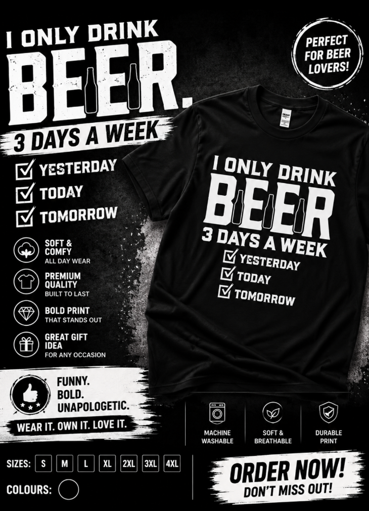 I Only Drink Beer 3 Days a Week Funny Beer T-Shirt | Novelty Drinking Graphic Tee