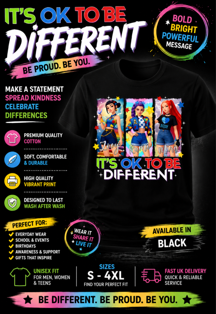It’s OK To Be Different Autism Awareness T-Shirt | Neurodiversity Graphic Tee | Unisex Black Shirt