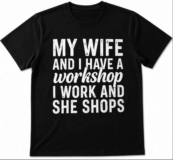 My Wife and I Have a Workshop, I Work and She Shops Funny Men’s T-Shirt | Husband Humour Graphic Tee