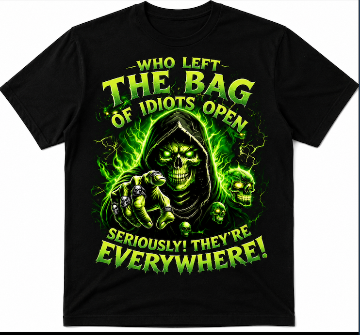 Who Left The Bag Of Idiots Open T-Shirt | Funny Grim Reaper Graphic Tee | Dark Humour Shirt