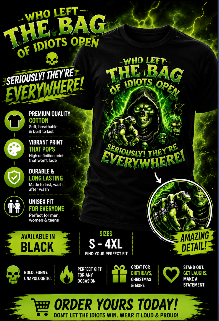 Who Left The Bag Of Idiots Open T-Shirt | Funny Grim Reaper Graphic Tee | Dark Humour Shirt