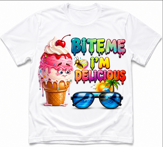 Bite Me I’m Delicious Funny Ice Cream T-Shirt | Colourful Summer Graphic Tee