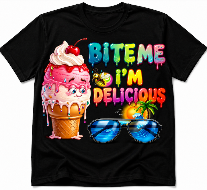 Bite Me I’m Delicious Funny Ice Cream T-Shirt | Colourful Summer Graphic Tee