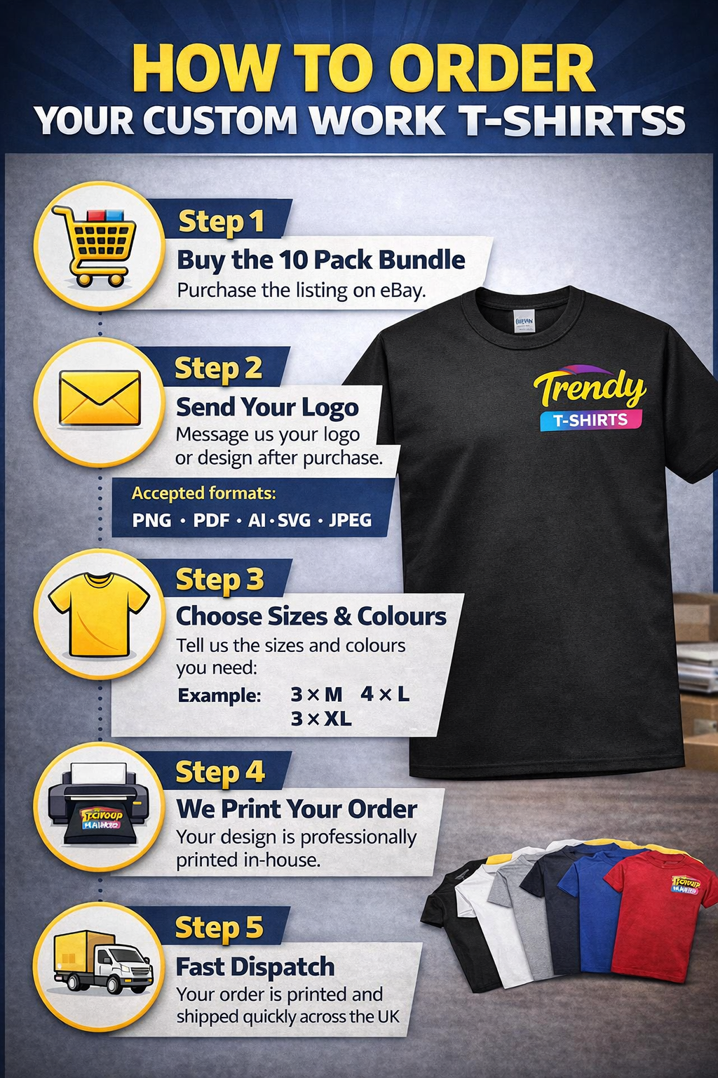5 Custom Printed Work T-Shirts – Premium T-shirts | Business Logo Uniform | Printed with your Logo