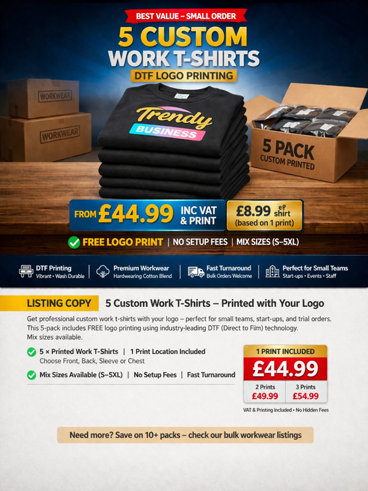 5 Custom Printed Work T-Shirts – Premium T-shirts | Business Logo Uniform | Printed with your Logo